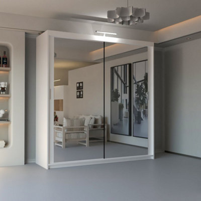 Double Mirror Sliding Door Wardrobe Sleek Design comes in Width 90/100/120/150/180/203/250cm(White W150cm X H217cm)