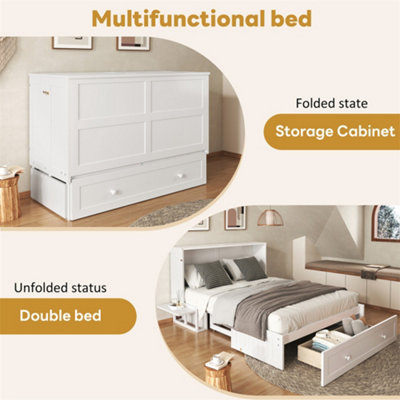 Double Murphy Bed Foldable Shelves with Storage Drawer White