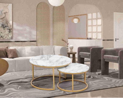 Double Nested Coffee Table Set Marble Effect Nesting Sofa Side Table Living Room