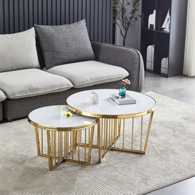 Double Nested White Marble Coffee Table Set with Gold Legs 80cm Heavy Duty Nesting coffee tables