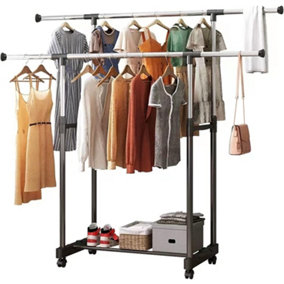 Double Rail Adjustable Clothes Rack Stand on Castor Wheels with Hanging Rail