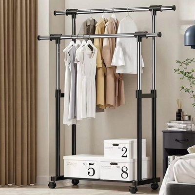 Double Rail Adjustable Clothes Rack Stand on Castor Wheels with Hanging ...