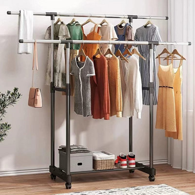 Double Rail Adjustable Clothes Rack Stand on Castor Wheels with Hanging ...