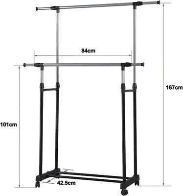 Double Rail Adjustable Clothes Rack Stand on Castor Wheels with Hanging ...