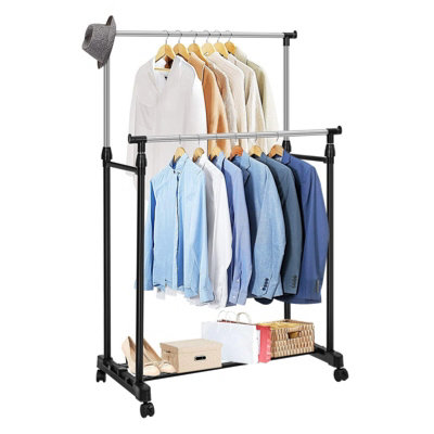 Double Rail Clothes Rail on Wheels, Black