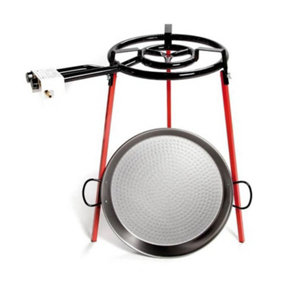 Double Ringed Gas Burner 400mm with 46cm Polished Steel Paella Pan, Tripod 75cm (H) & UK Adaptor