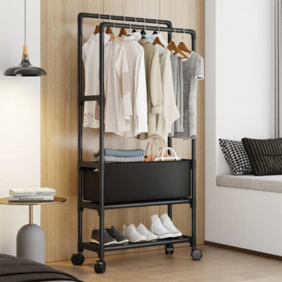 Double Rod Heavy Duty Metal Clothes Rack Bedroom Garment Rack Shoes Rack with Wheels and Laundry Basket Black 148cm