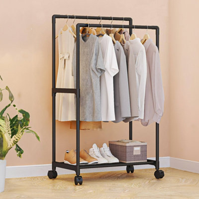 Double Rod Heavy Duty Metal Clothes Rack Bedroom Garment Rack Shoes Rack with Wheels Black 115cm