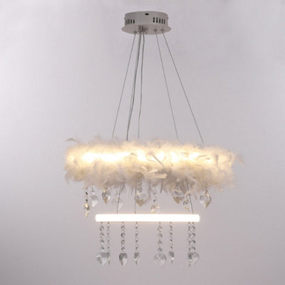Double Round Liner Feather LED Pendant Light Chandelier with Crystal in White Light