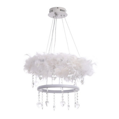 Double Round Liner Feather LED Pendant Light Chandelier with Crystal in White Light