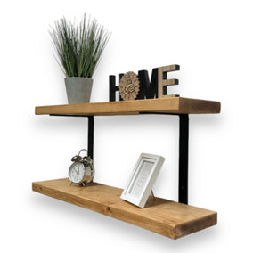 Double Rustic Wooden Shelves Wall-Mounted Shelf with Seated Double Black L Brackets, Made from Solid Timber(Rustic Pine, 90cm)