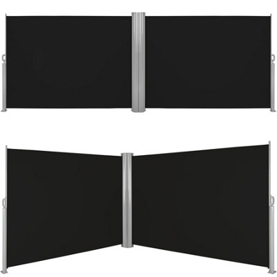Double-sided garden privacy screen w/ retractable awnings - black
