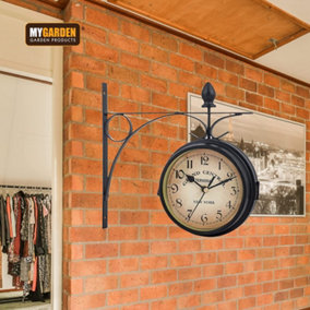 Double Sided Hanging Train Station Style Vintage Outdoor Indoor Clock