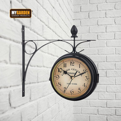 Double Sided Hanging Train Station Style Vintage Outdoor Indoor Clock