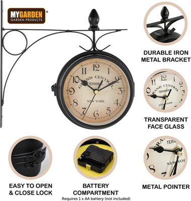 Double Sided Hanging Train Station Style Vintage Outdoor Indoor Clock - 3