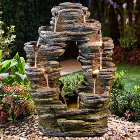 Double-Sided Rock Cascade Water Feature with LED lights, Self-Contained, Weatherproof for Garden, Patio & Decking (Height 79cm)