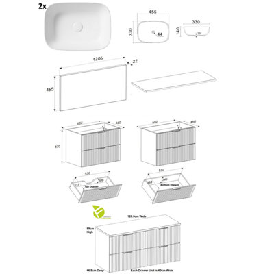Double Sink Bathroom Vanity Unit with Basin 1200mm Countertop Worktop ...
