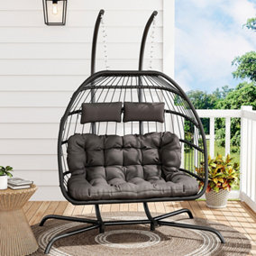 Double Swing Egg Chair with Stand Large 2 Person Outdoor Wicker Twins Basket Hanging Chair for Garden Balcony 440LBS Capacity