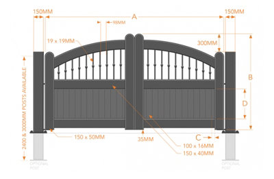Double Swing Gate 4250x2000mm Black - Vertical Solid Infill, Bell ...