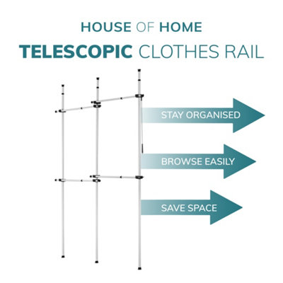 Double Telescopic Wardrobe Organiser Hanging Rail Clothes Rack Adjustable Storage Shelving - 5