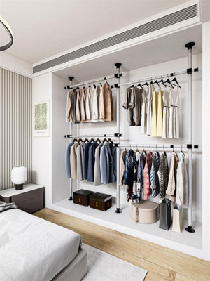 Double Telescopic Wardrobe Organiser Hanging Rail Clothes Rack Adjustable Storage Shelving - 8