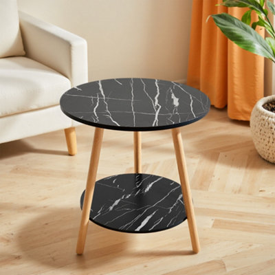 Double-Tier Black Round Wooden Side Table