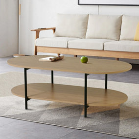 Double-Tier Oval Shape Wooden Coutertop Coffee Table with Metal Leg