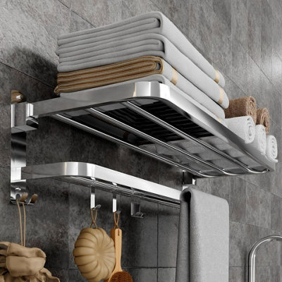 Double Tier Towel Rail Holder Wall Mounted Bathroom Rack Shelf With Hook  Folding