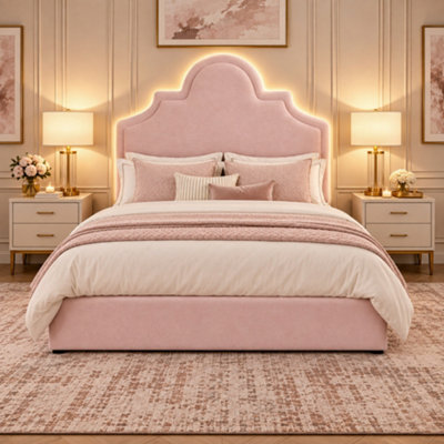 Double Upholstered Bed Frame with Smart LED Headboard - Pink Velvet