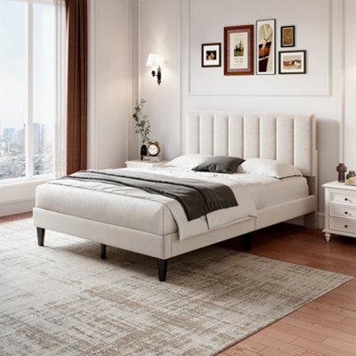 Double Upholstered Velvet Bed Frame, with Adjustable Channel Tufted Headboard, Solid Wood Slat and Mute Foam, Beige