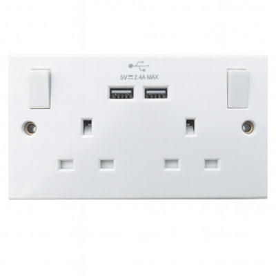 Double USB Wall Socket 13A Switched Plug Outlet 2 Gang Mains Power White