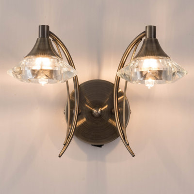 Double Wall Light and Sconce Antique Brass Finish Clear Glass Shades G9 Bulb Cap