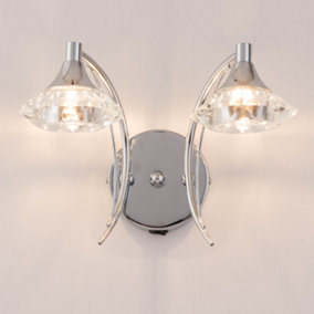 Double Wall Light and Sconce, Polished Chrome Finish, Clear Glass Shades, G9 Bulb Cap