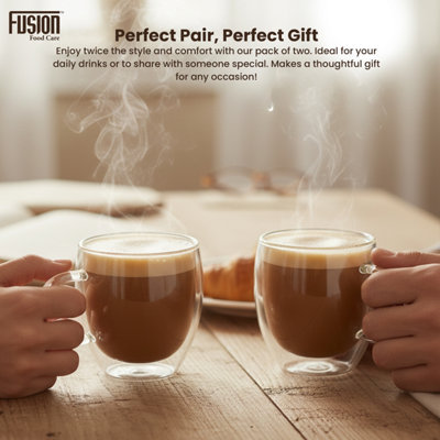 DOUBLE WALLED GLASS COFFEE MUGS 250ML SET OF 2 FOR HOT & COLD DRINKS LATTE  MUGS