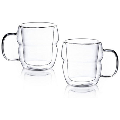 Double Walled Insulated Borosilicate Glass Mug with Handle 450ml Set of 2 Clear