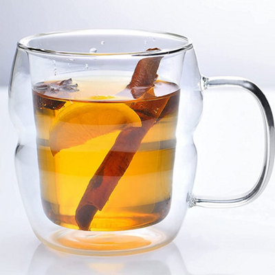 Double Walled Insulated Borosilicate Glass Mug with Handle 450ml Set of 2 Clear