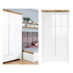 Double Wardrobe Free Standing 2 Door Storage Unit with 1 Drawer White Gloss/Oak Effect  Scandinavian Holten