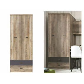 Double Wardrobe Storage 2 Drawers 2 Door  80cm Urban Oak Effect and Grey Malcolm