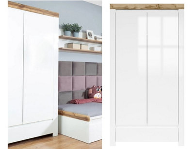 Double Wardrobe with Drawer Free Standing Storage Cabinet Unit White Gloss / Oak Effect  Scandinavian Holten