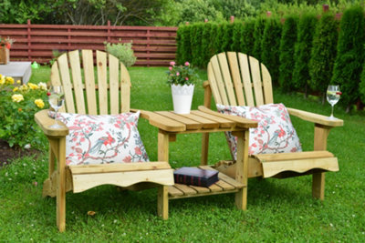 Double Wooden Adirondack Love Seat Bench with integrated drinks table DIY at B Q