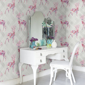 Dove Floral Stag Wallpaper Pink Multicolour Geometric Pattern Paste The Wall