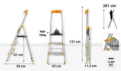 Drabest 3-Step Single-Sided Aluminum Ladder - Wide Steps & Tool Shelf