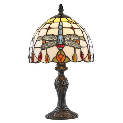Dragonfly Designed Stained Glass Tiffany Lamp with Red/Amber Beads