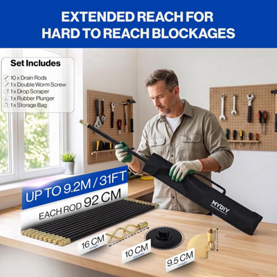 Drain Rod Set 14 Pcs Includes Easy Carry Storage Bag Plunger Double ...