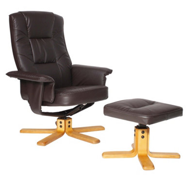 Drake Recliner + Footstool in Faux Leather Brown