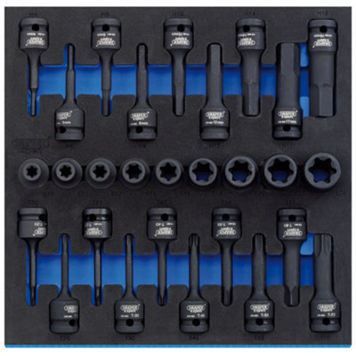 Draper 1/2" Sq. Dr. Impact TX-STAR&No.174, and Hex Socket Set in 1/2 Drawer EVA Insert Tray (28 Piece)