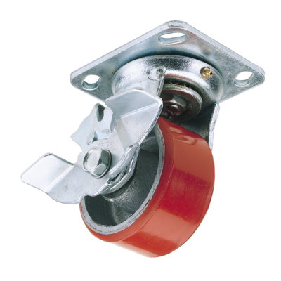 Draper 125mm Dia. Swivel Plate Fixing Heavy Duty Polyurethane Wheel with Brake - S.W.L. 300Kg 65527