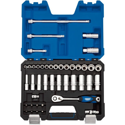 DRAPER 15-teiliger Metrischer Stecknuss-Satz – Auf Metall-Schiene, 3/20,3 Cm Vierkant-Antrieb, Blau