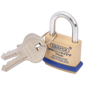 Draper 30mm Solid Brass Padlock and 2 Keys with Mushroom Pin Tumblers Hardened Steel Shackle and Bumper 64160