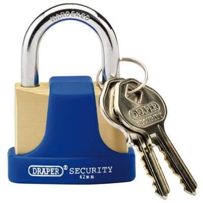 Draper 42mm Solid Brass Padlock and 2 Keys with Hardened Steel Shackle and Bumper 64165
